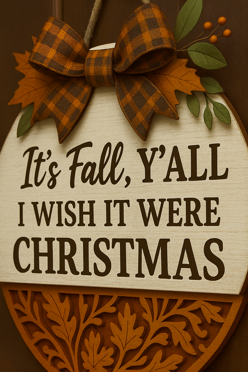 “It’s Fall Y’all I Wish It Were Christmas” | Fall Door Hanger Sign – Rustic Farmhouse Autumn & Holiday Wall Decor