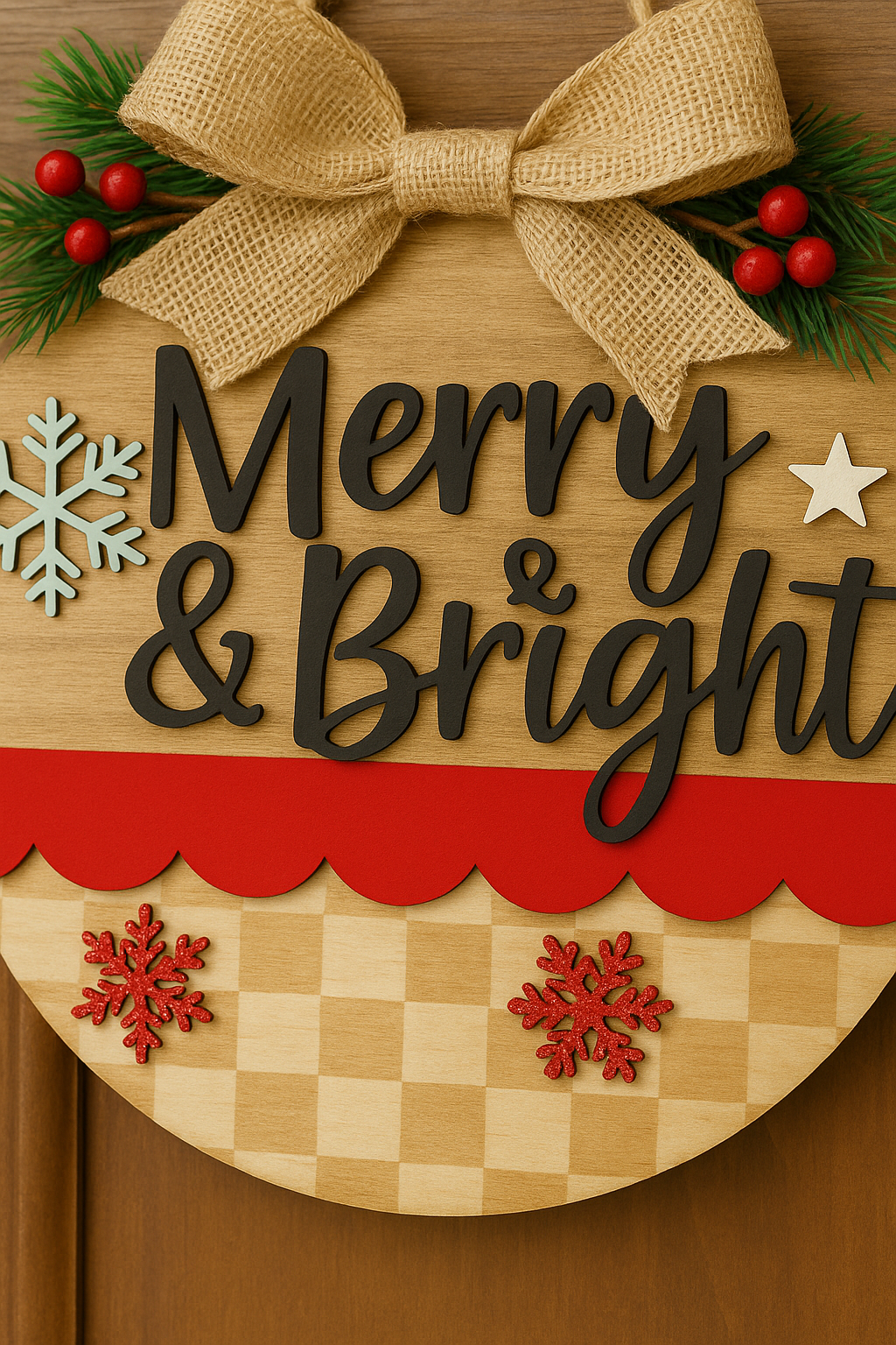 Merry & Bright Christmas Door Sign – Rustic Farmhouse Holiday Round Wood Wall Decor with Bow & Snowflakes