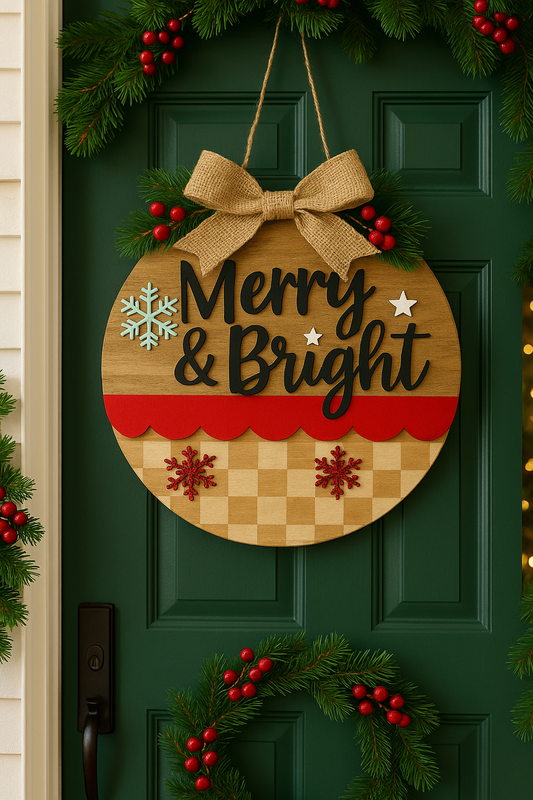 Merry & Bright Christmas Door Sign – Rustic Farmhouse Holiday Round Wood Wall Decor with Bow & Snowflakes