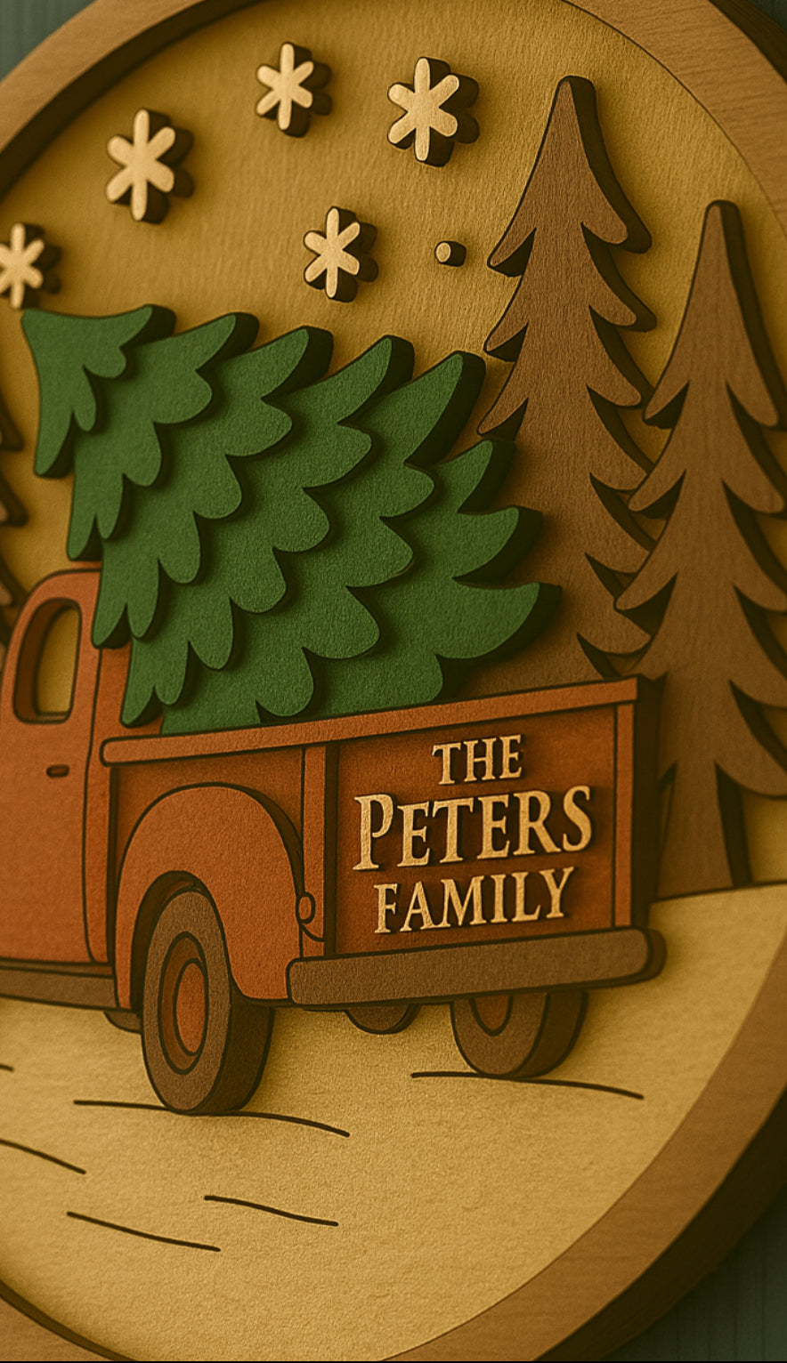 Rustic Christmas Truck Family Door Sign – Personalized Wooden Holiday Decor