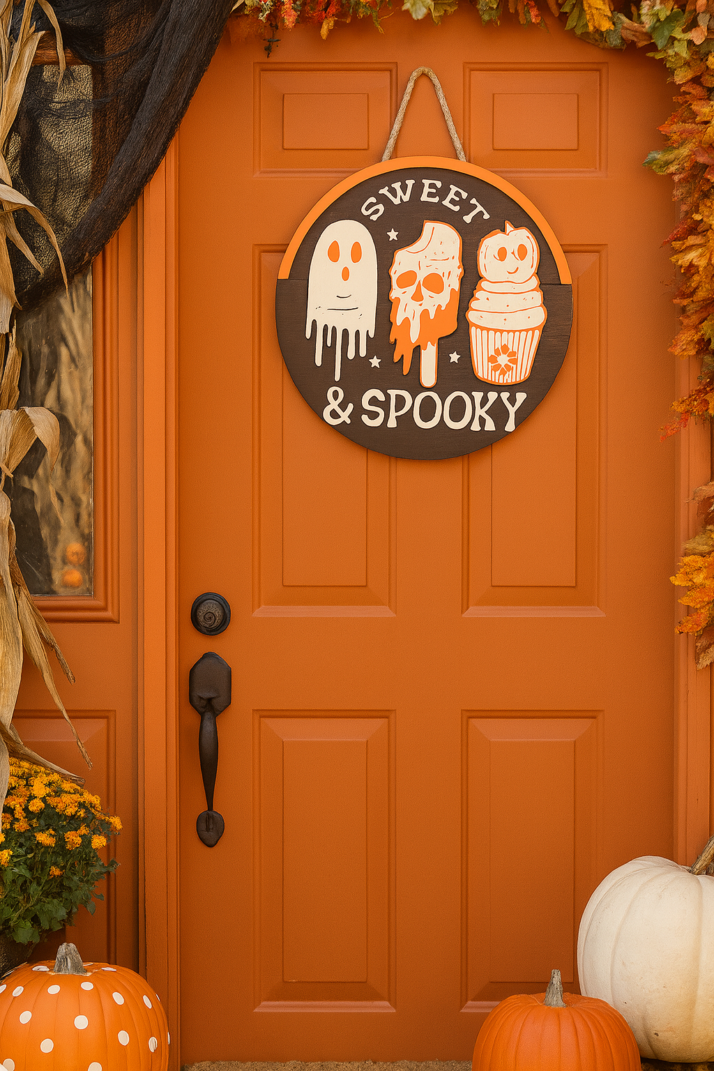 Sweet & Spooky Halloween Door Sign – Cute Ghost, Skull & Cupcake Fall Decor