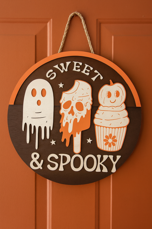 Sweet & Spooky Halloween Door Sign – Cute Ghost, Skull & Cupcake Fall Decor