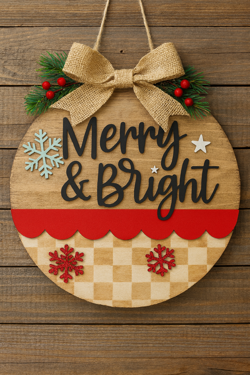 Merry & Bright Christmas Door Sign – Rustic Farmhouse Holiday Round Wood Wall Decor with Bow & Snowflakes