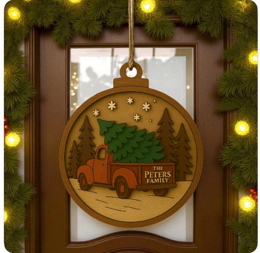 Rustic Christmas Truck Family Door Sign – Personalized Wooden Holiday Decor