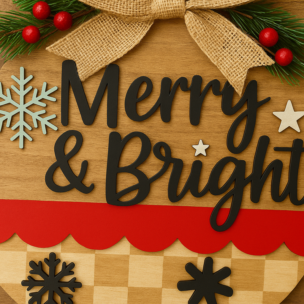 Merry & Bright Christmas Door Sign – Rustic Farmhouse Holiday Round Wood Wall Decor with Bow & Snowflakes