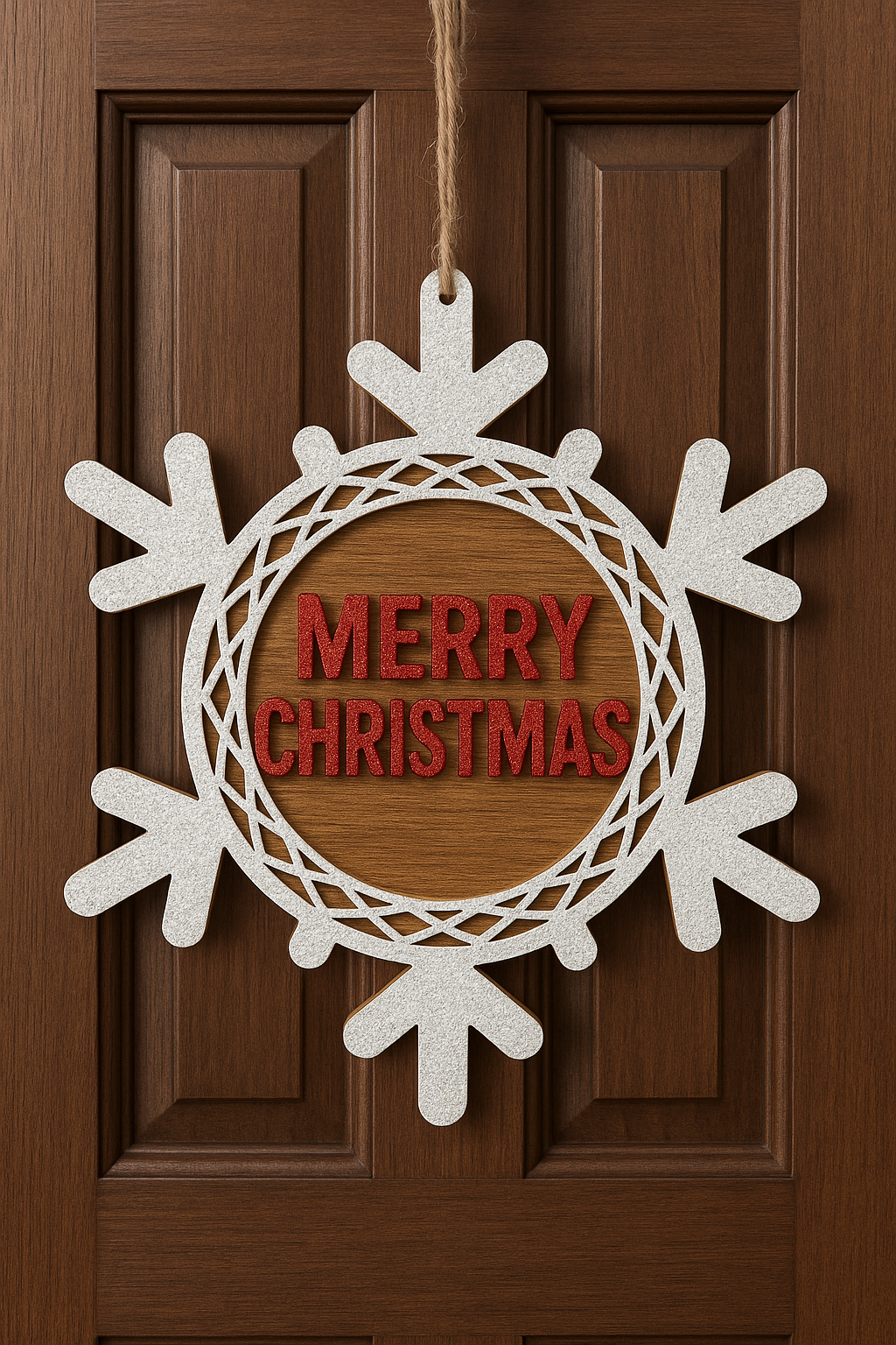 “Merry Christmas” Snowflake Door Sign -Layered Wooden Snowflake – Festive Holiday Front Door Décor