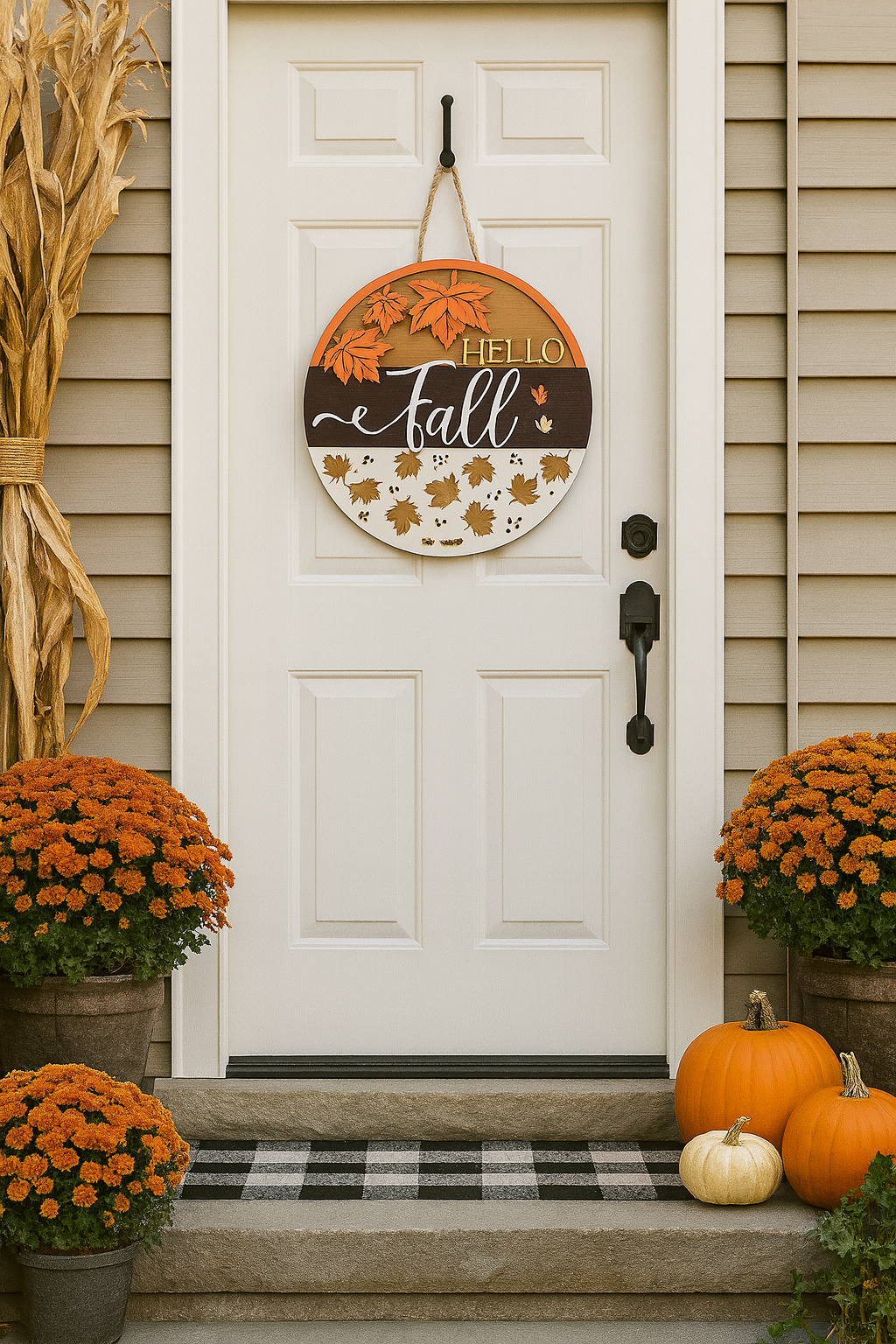Hello Fall Door Sign – Layered Wood Autumn Front Door Decor, Rustic Seasonal Wall Hanging
