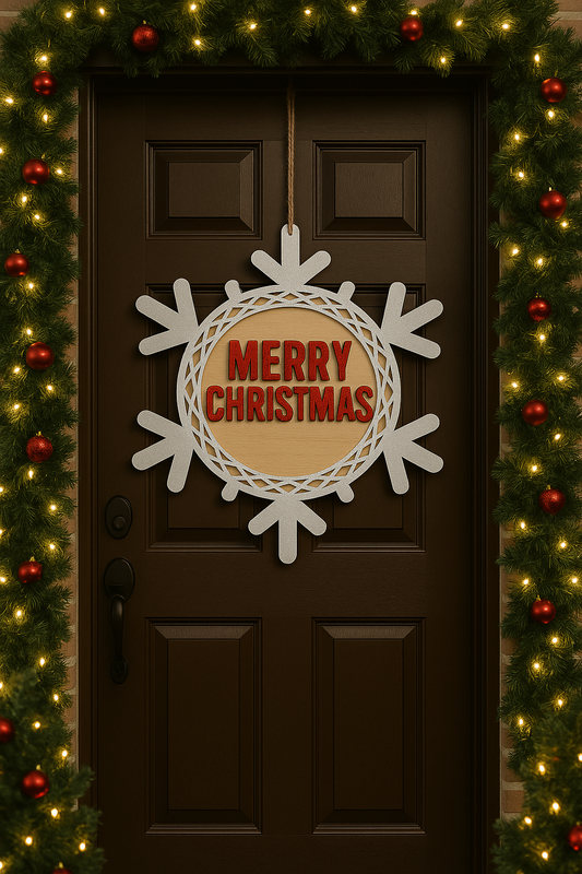 “Merry Christmas” Snowflake Door Sign -Layered Wooden Snowflake – Festive Holiday Front Door Décor