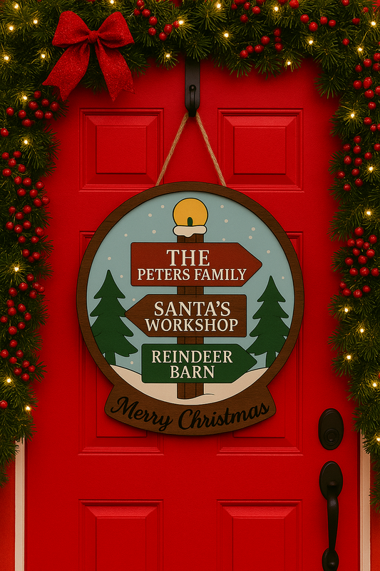 Personalized Snow Globe Christmas Door Sign – Holiday Front Door Décor with Family Name