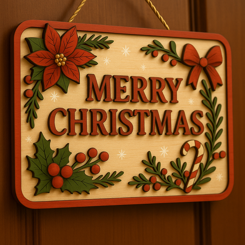 Merry Traditional Christmas Door Sign – Festive Holiday Wall Décor with Poinsettia, Holly & Candy Cane Design
