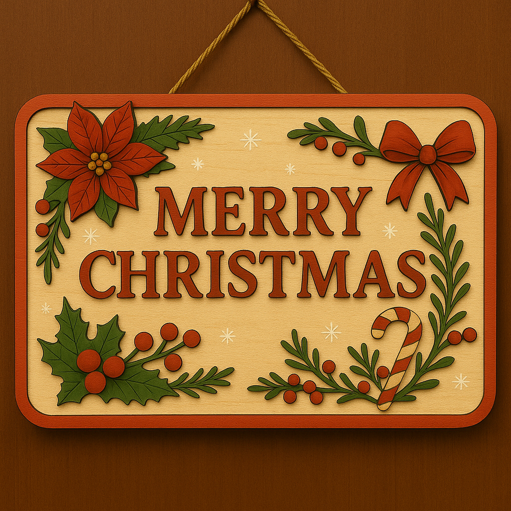 Merry Traditional Christmas Door Sign – Festive Holiday Wall Décor with Poinsettia, Holly & Candy Cane Design