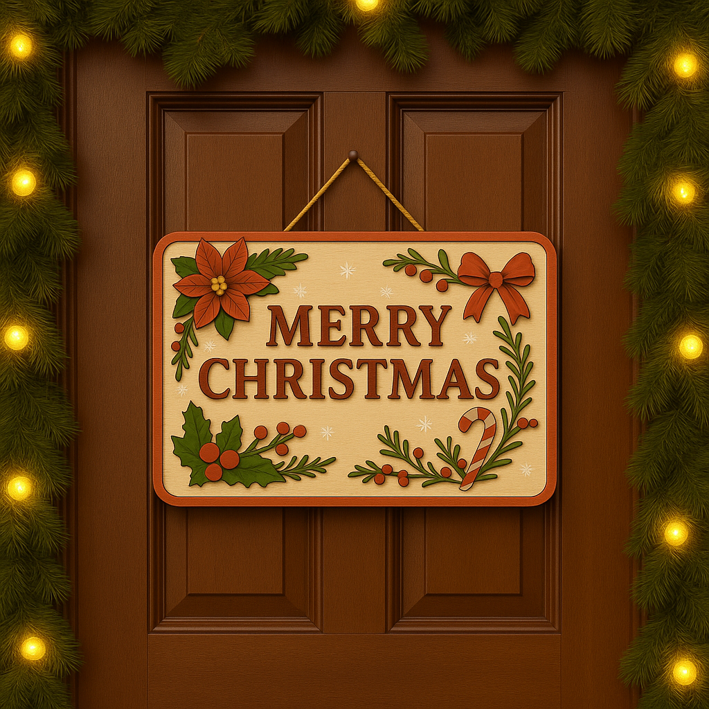 Merry Traditional Christmas Door Sign – Festive Holiday Wall Décor with Poinsettia, Holly & Candy Cane Design