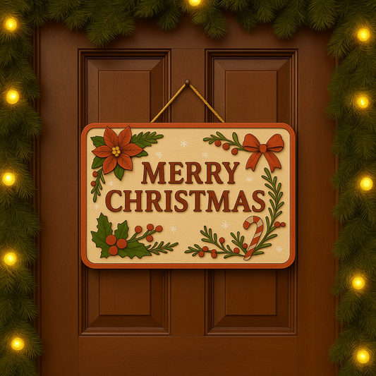 Merry Traditional Christmas Door Sign – Festive Holiday Wall Décor with Poinsettia, Holly & Candy Cane Design