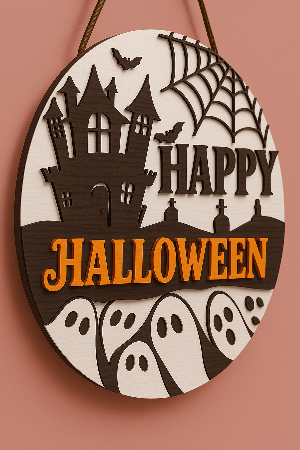 Halloween-themed decorative sign with haunted house, ghosts, and spiders on a pink background