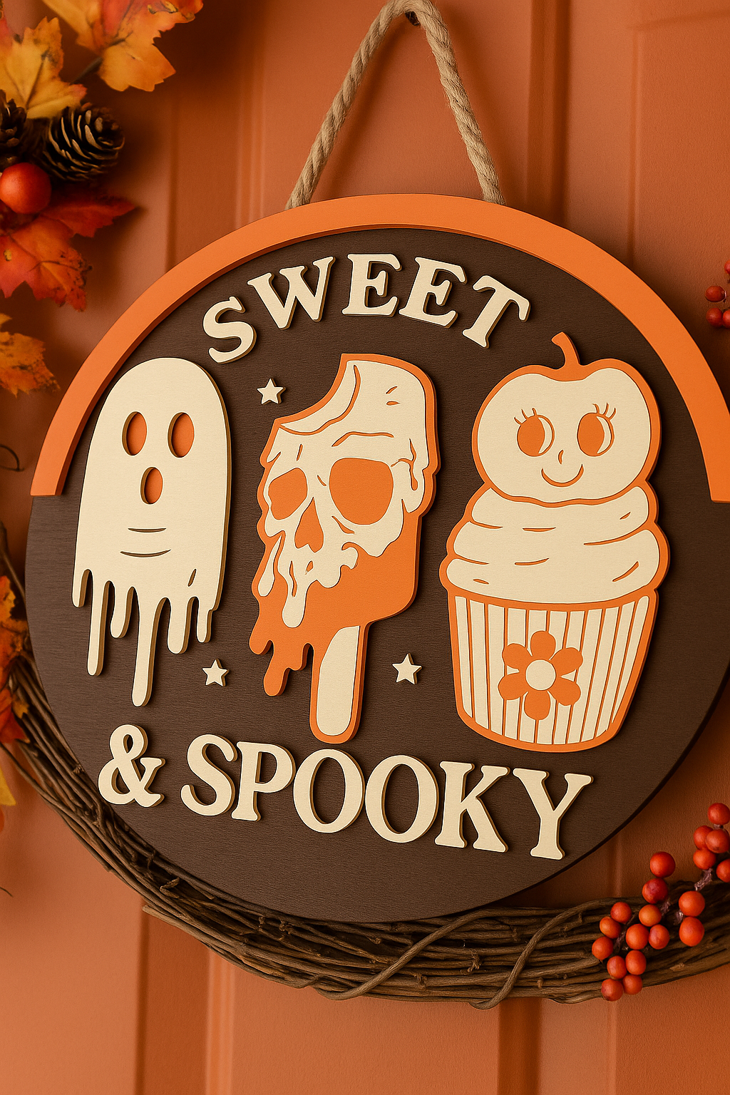 Sweet & Spooky Halloween Door Sign – Cute Ghost, Skull & Cupcake Fall Decor