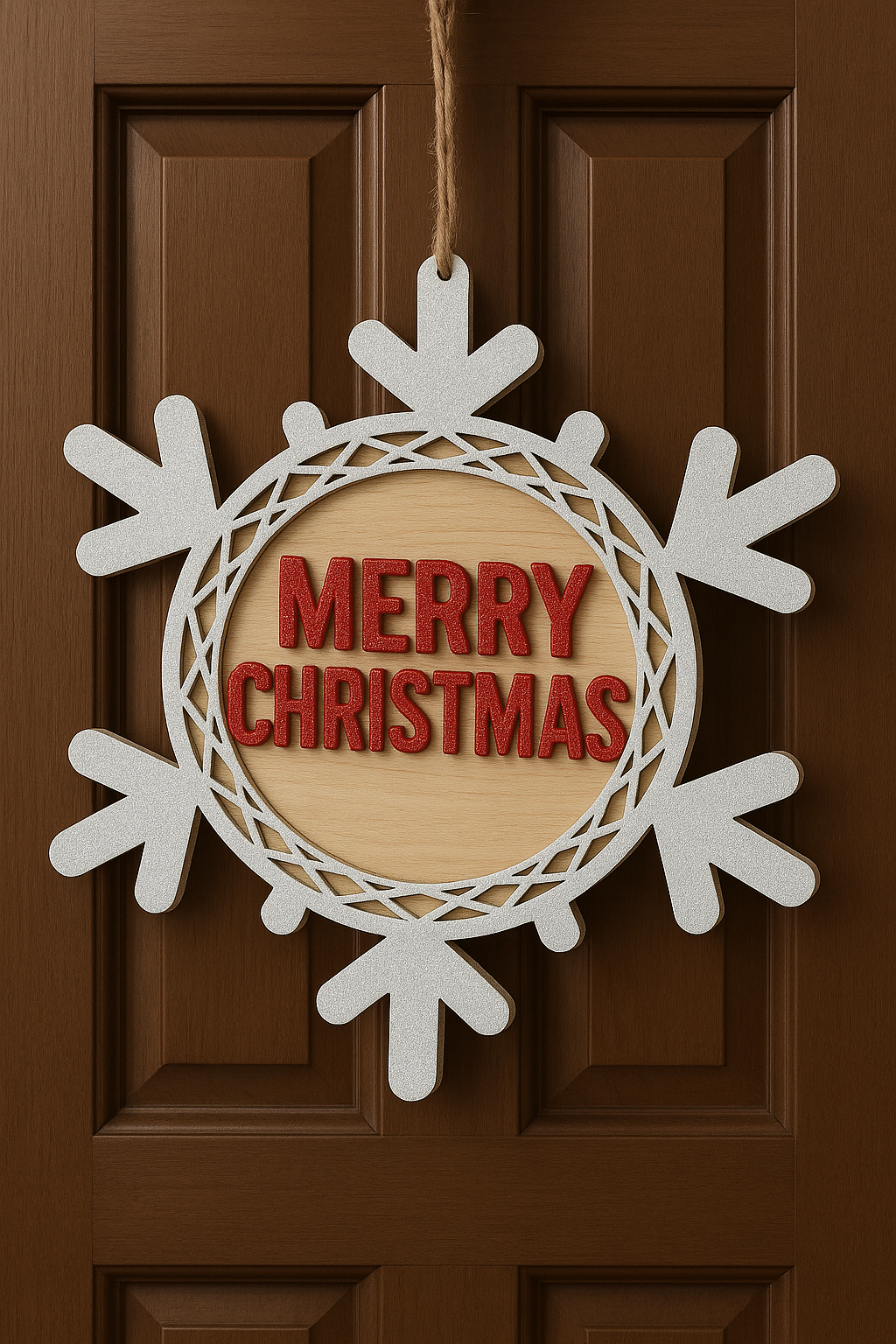 “Merry Christmas” Snowflake Door Sign -Layered Wooden Snowflake – Festive Holiday Front Door Décor