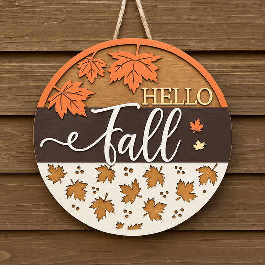 Hello Fall Door Sign – Layered Wood Autumn Front Door Decor, Rustic Seasonal Wall Hanging
